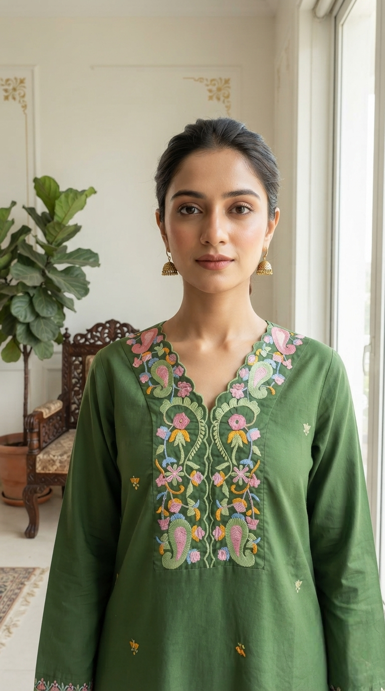 Women Green Embroidered Cotton Kurta Pant Dupatta