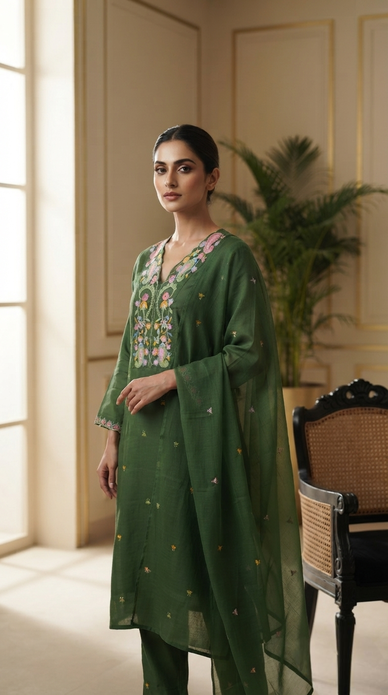 Women Green Embroidered Cotton Kurta Pant Dupatta