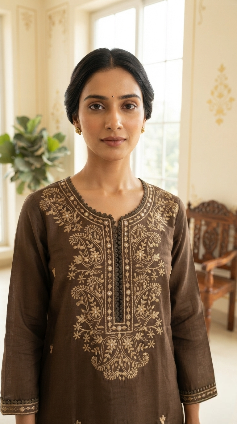 Women Brown Embroidered Cotton Kurta Pant Dupatta