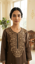 Women Brown Embroidered Cotton Kurta Pant Dupatta