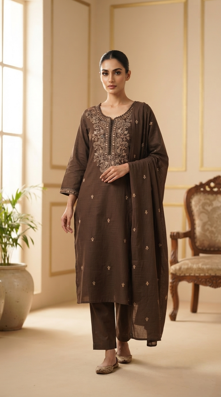 Women Brown Embroidered Cotton Kurta Pant Dupatta