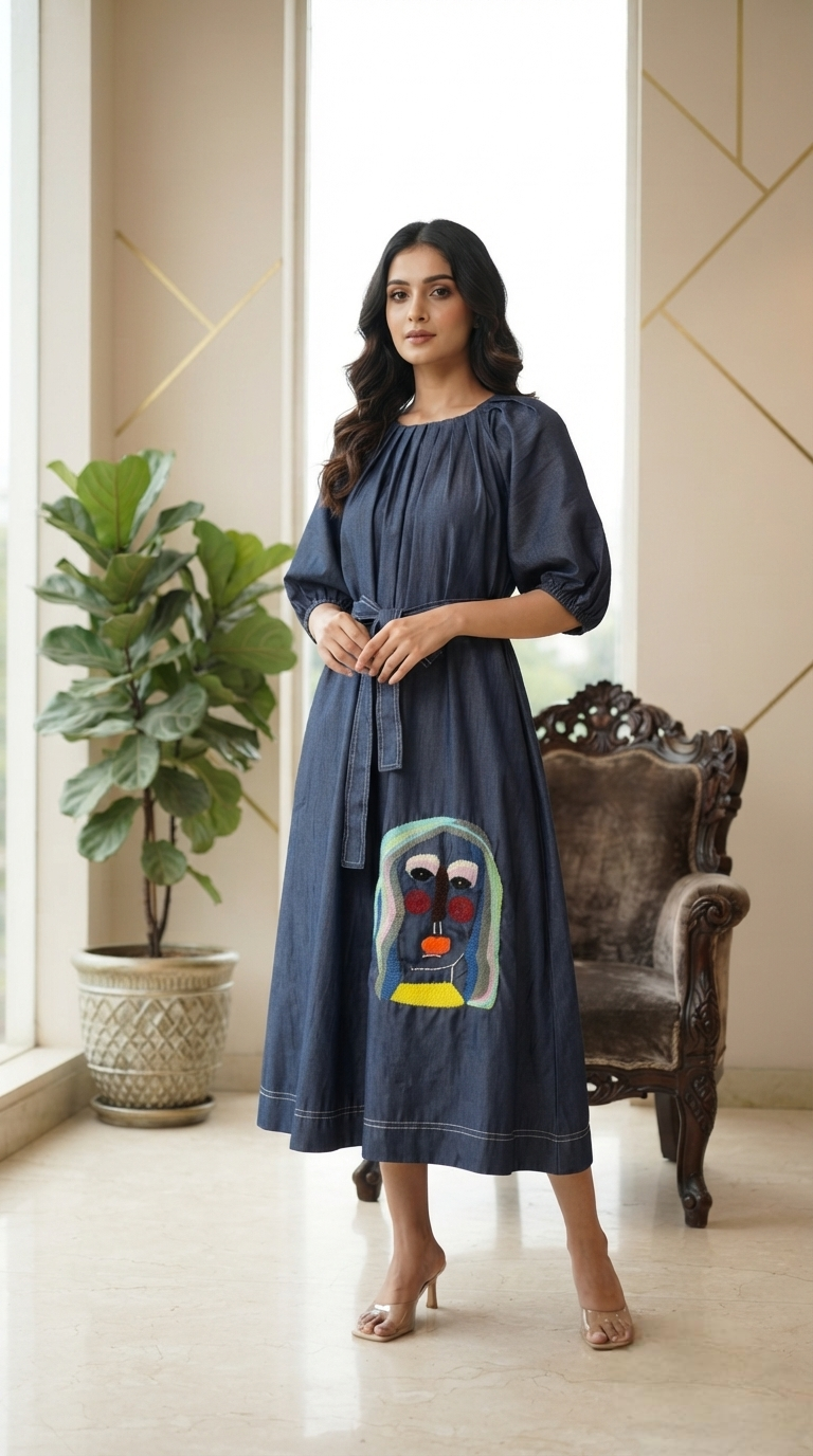 Women Blue Embroidered Denim Dress