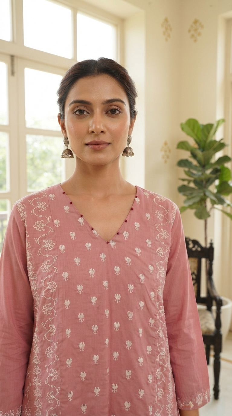 Women Pink Embroidered Cotton Kurta Pant Dupatta