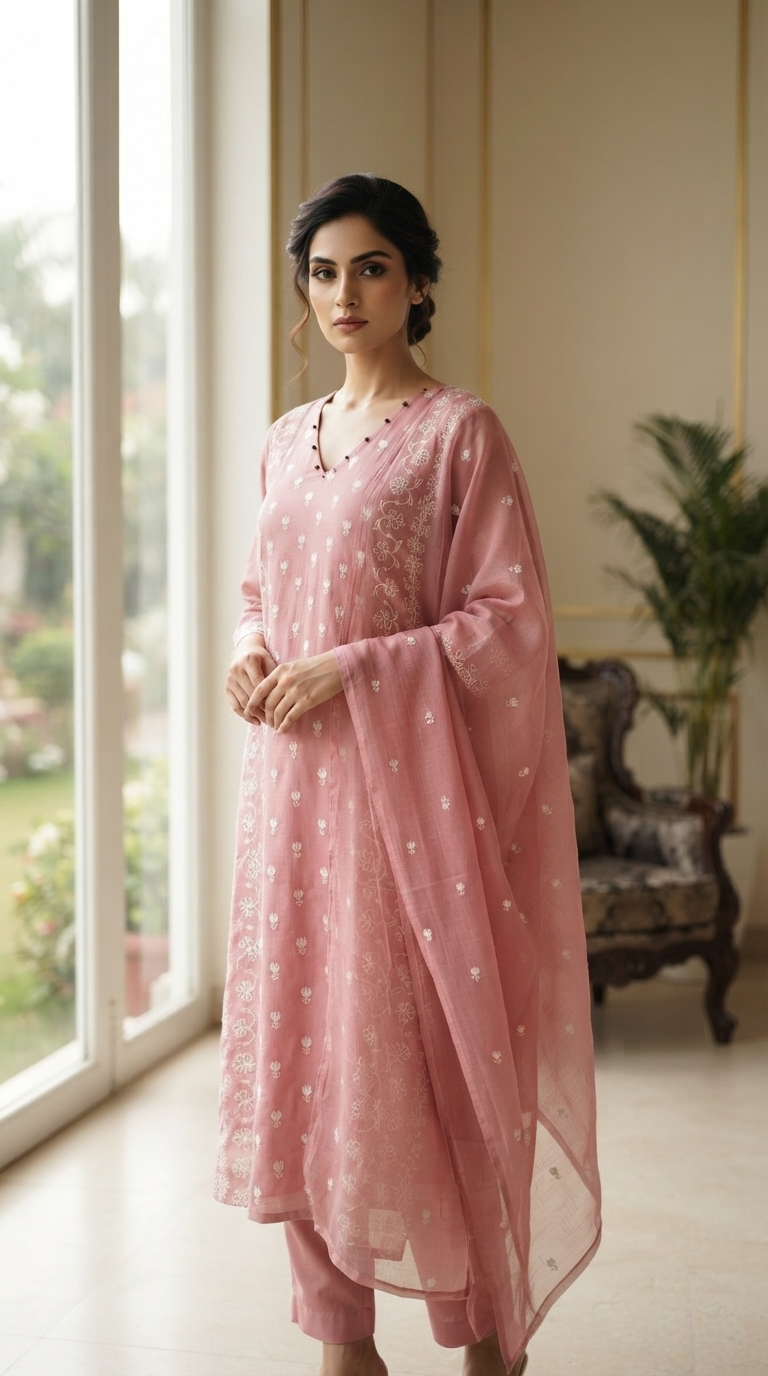 Women Pink Embroidered Cotton Kurta Pant Dupatta