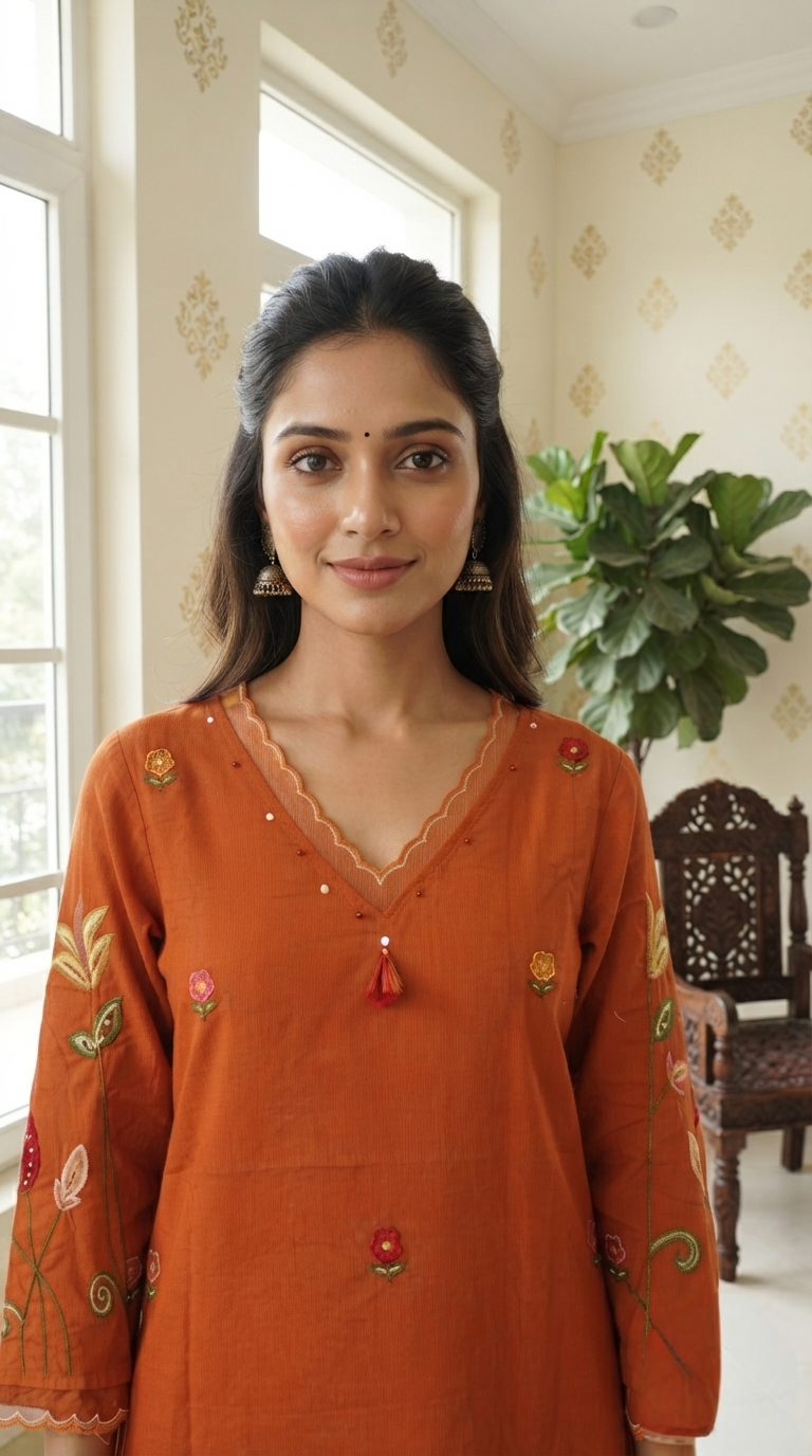 Women Rust Embroidered Cotton Kurta Pant Dupatta