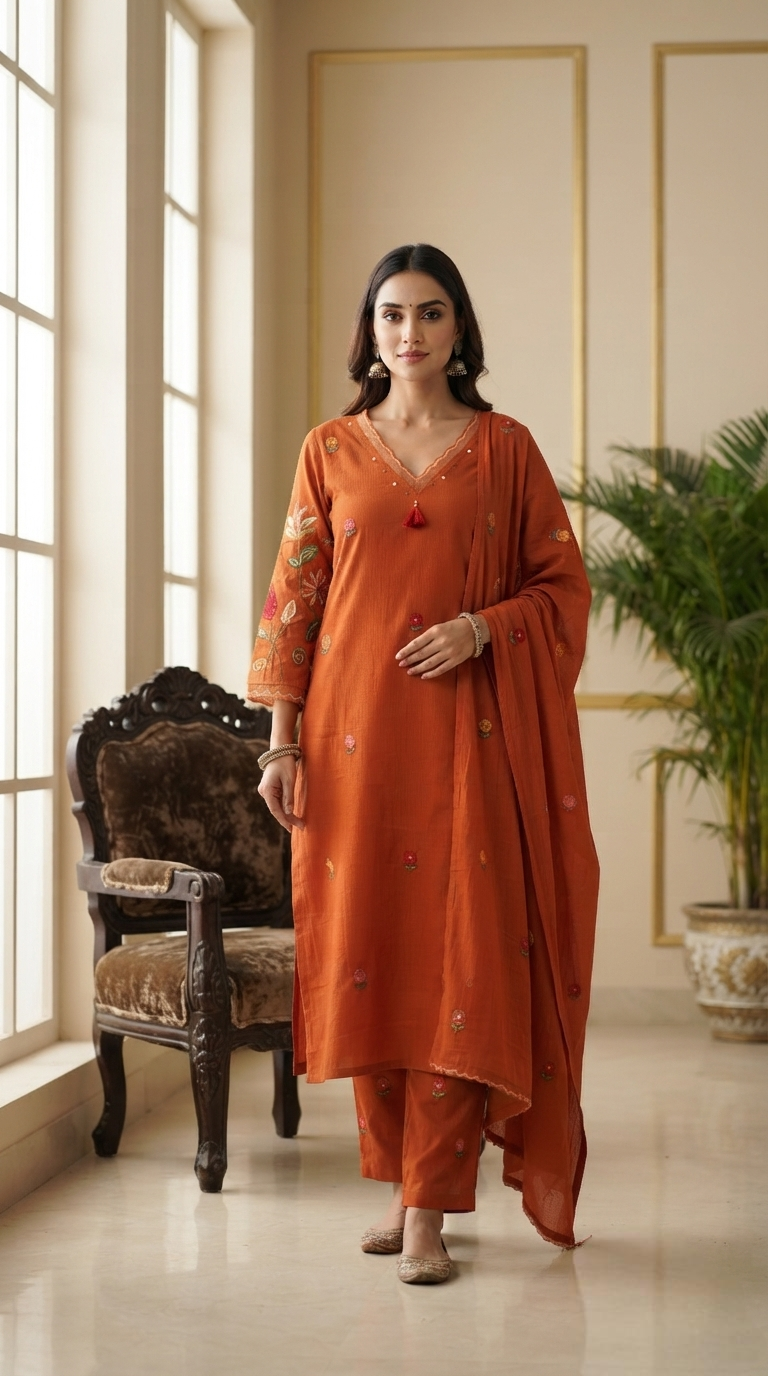 Women Rust Embroidered Cotton Kurta Pant Dupatta