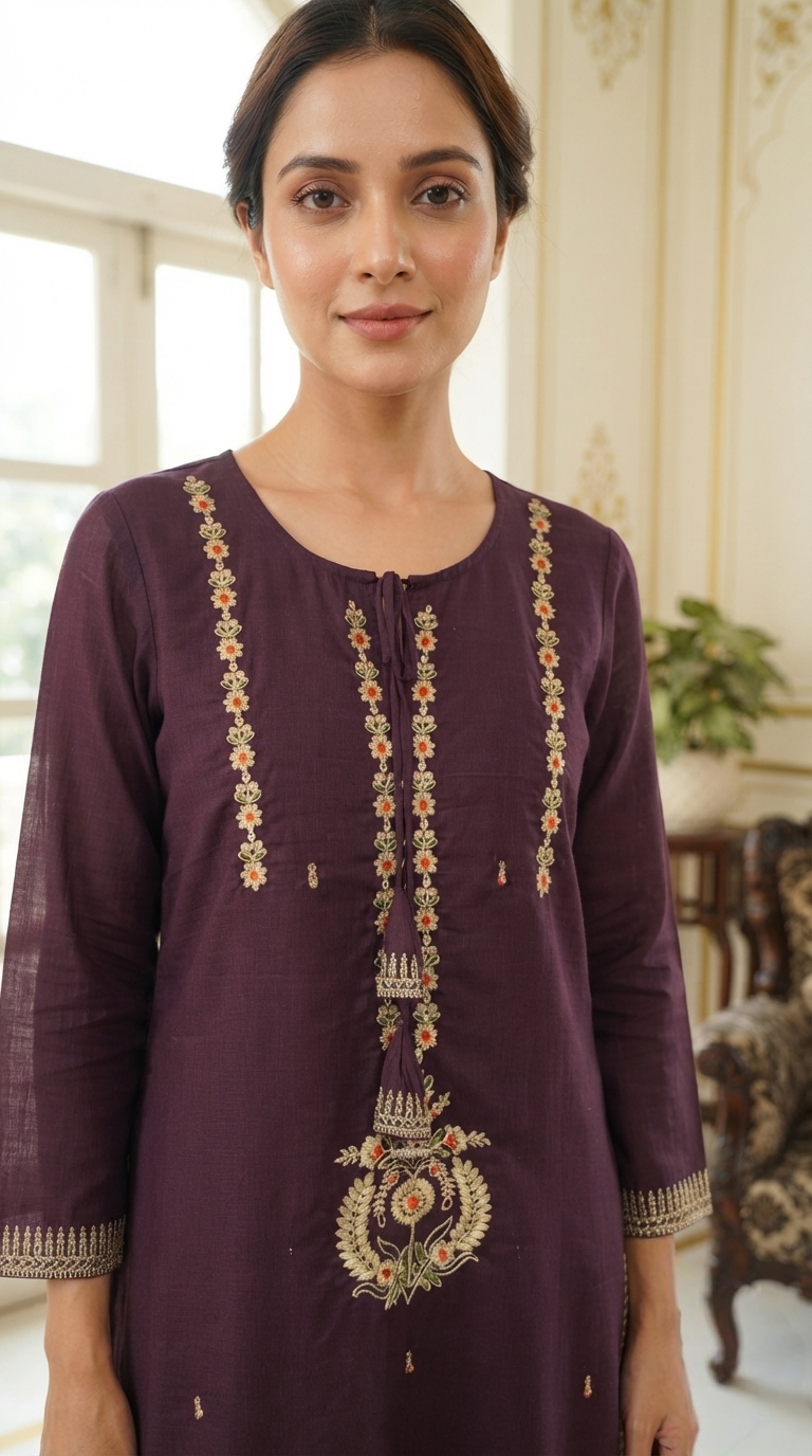 Women Purple Zari Cotton Kurta Pant Dupatta