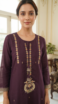 Women Purple Zari Cotton Kurta Pant Dupatta