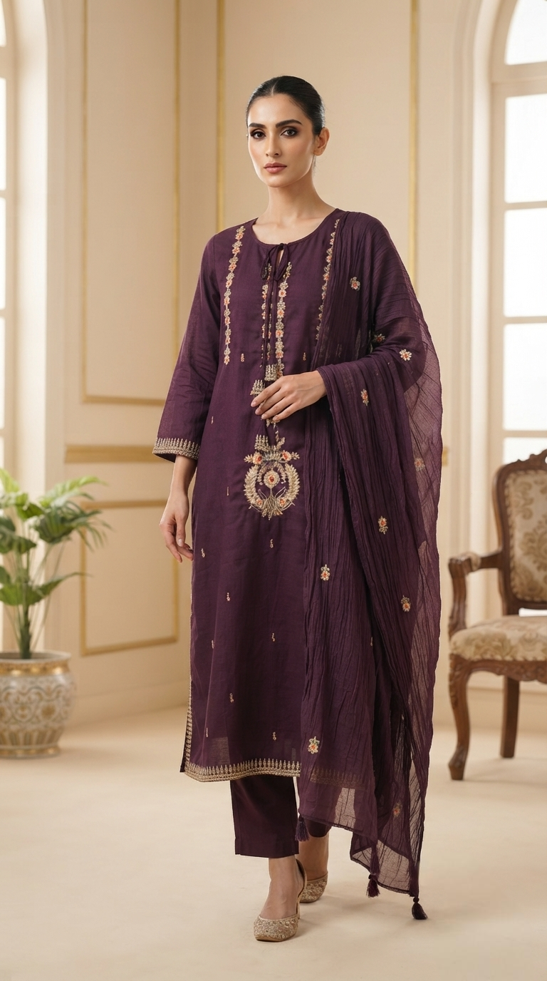 Women Purple Zari Cotton Kurta Pant Dupatta