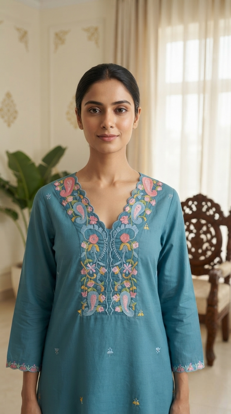 Women Blue Embroidered Cotton Kurta Pant Dupatta
