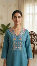 Women Blue Embroidered Cotton Kurta Pant Dupatta