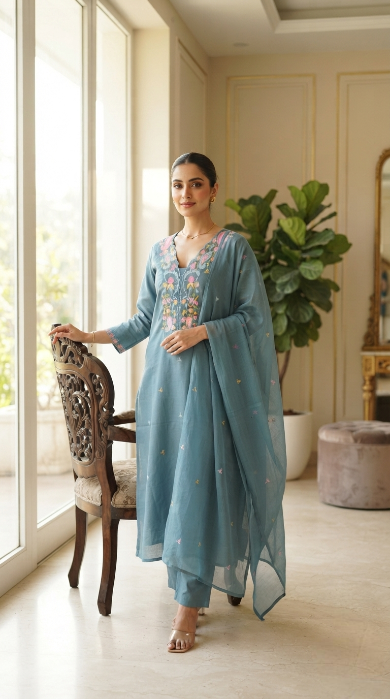 Women Blue Embroidered Cotton Kurta Pant Dupatta