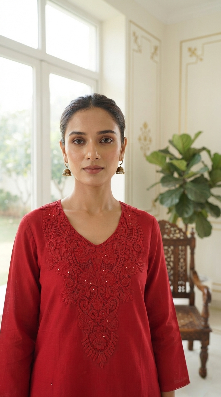 Women Red Chikankari Cotton Kurta Pant Dupatta