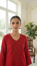 Women Red Chikankari Cotton Kurta Pant Dupatta