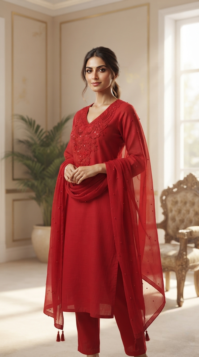Women Red Chikankari Cotton Kurta Pant Dupatta