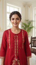 Women Red Zari Embroidered Cotton Kurta Pant Dupatta