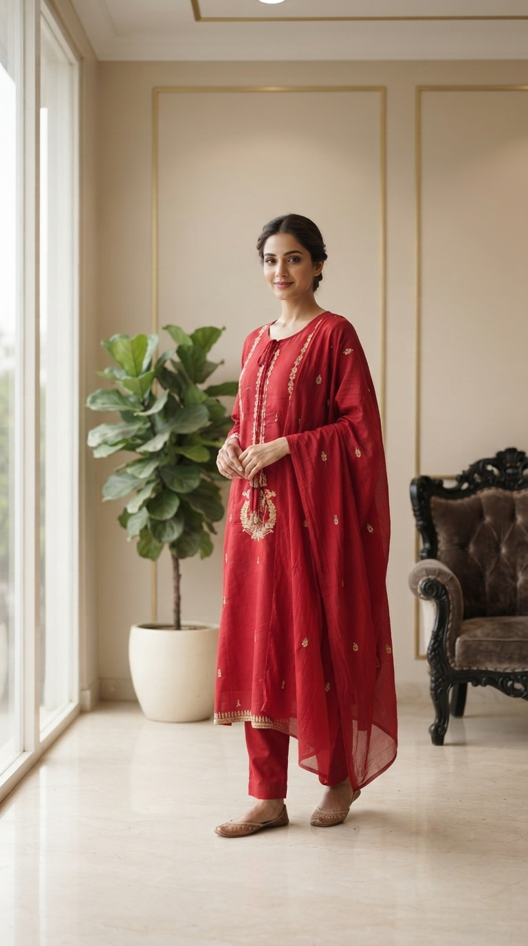 Women Red Zari Embroidered Cotton Kurta Pant Dupatta