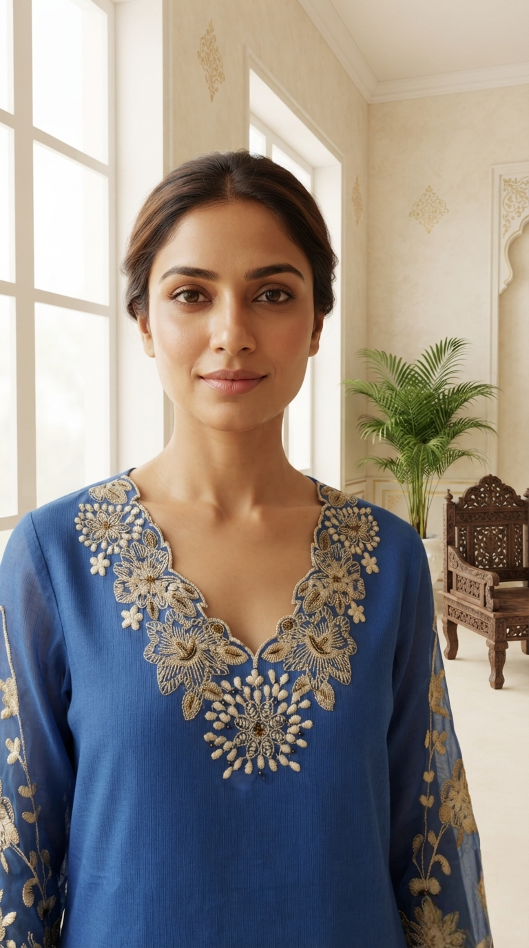Women Blue Zari Cotton Kurta Pant Dupatta