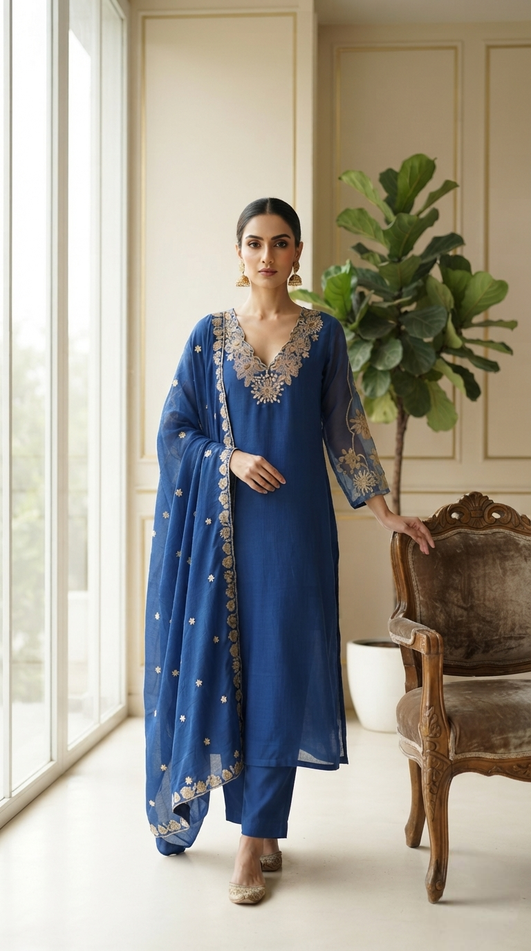Women Blue Zari Cotton Kurta Pant Dupatta
