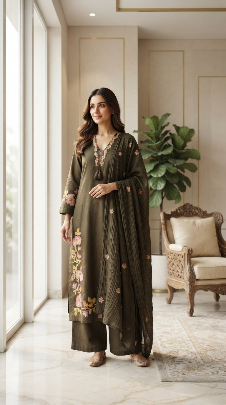 Women Mehndi Green Embroidered Cotton Kurta Pant Dupatta