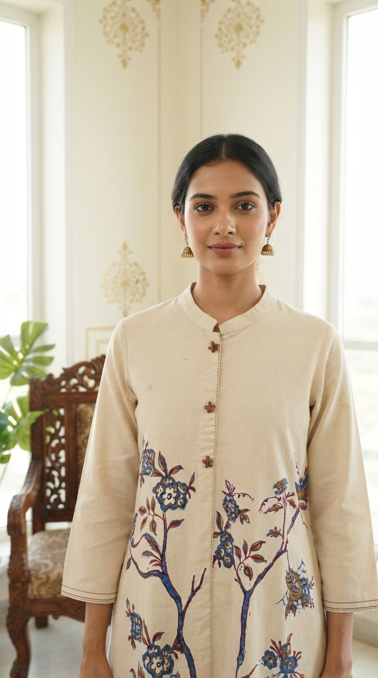Women Beige Embroidered Cotton Kurta Pant