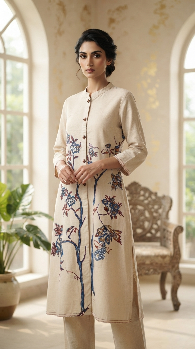 Women Beige Embroidered Cotton Kurta Pant