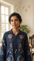 Women Navy Thread Embroidered Cotton Kurta Pant Dupatta