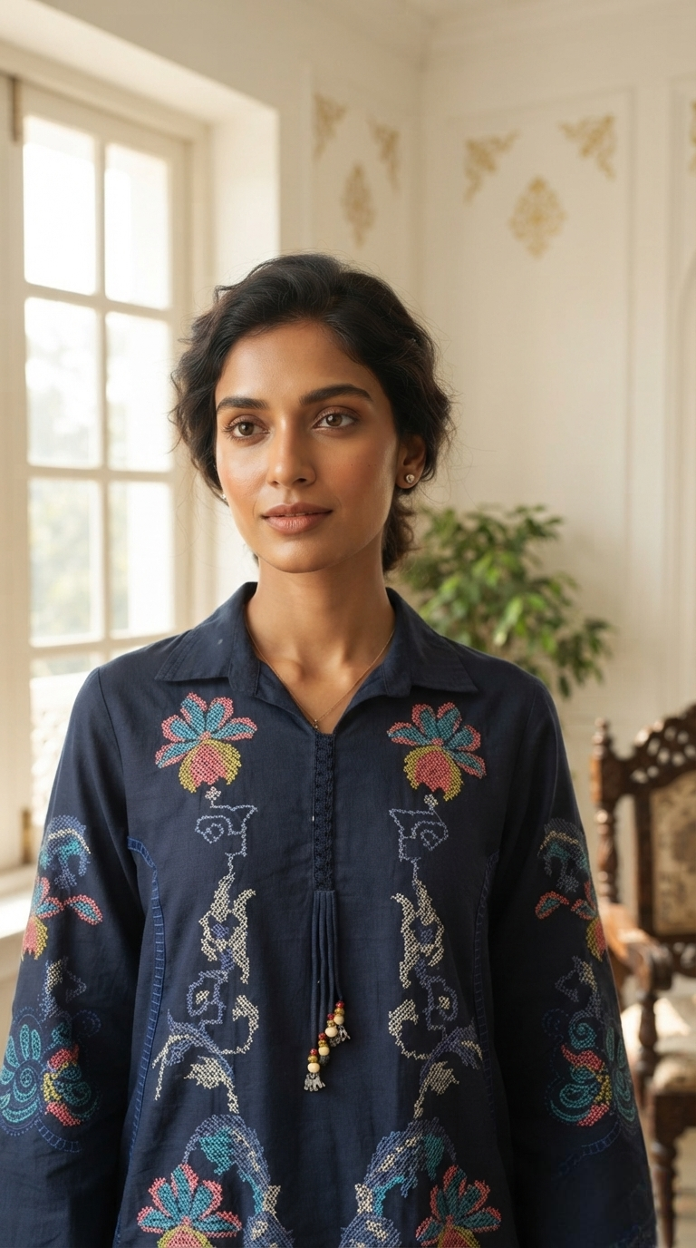 Women Navy Thread Embroidered Cotton Kurta Pant Dupatta