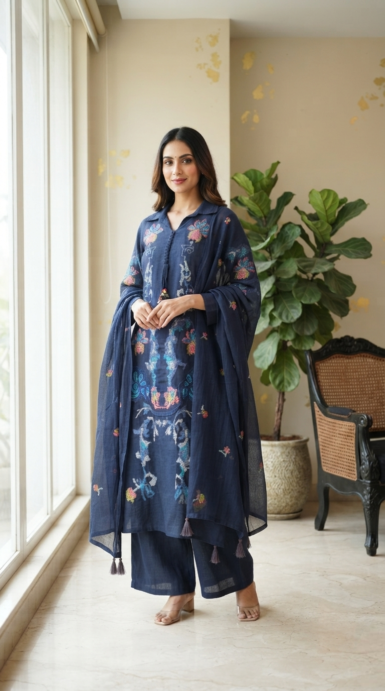 Women Navy Thread Embroidered Cotton Kurta Pant Dupatta
