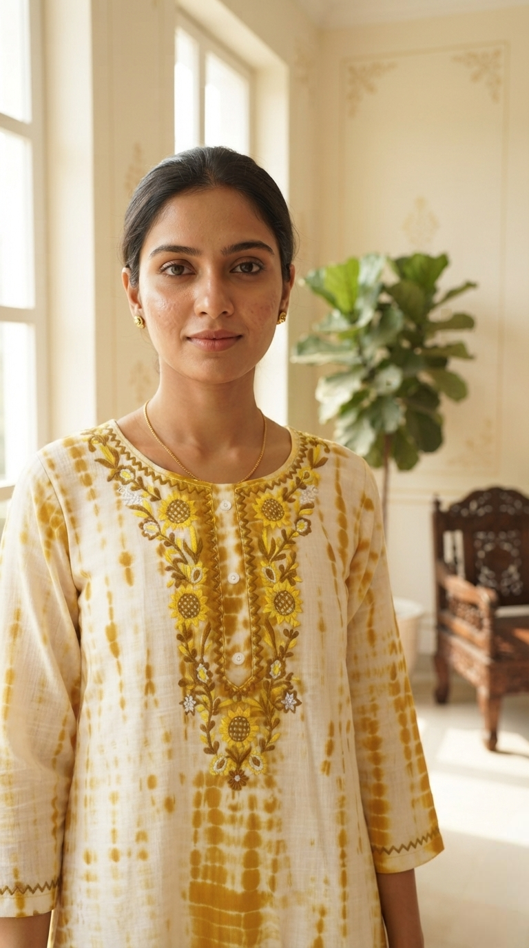Women Yellow Embroidered Cotton Kurta Pant