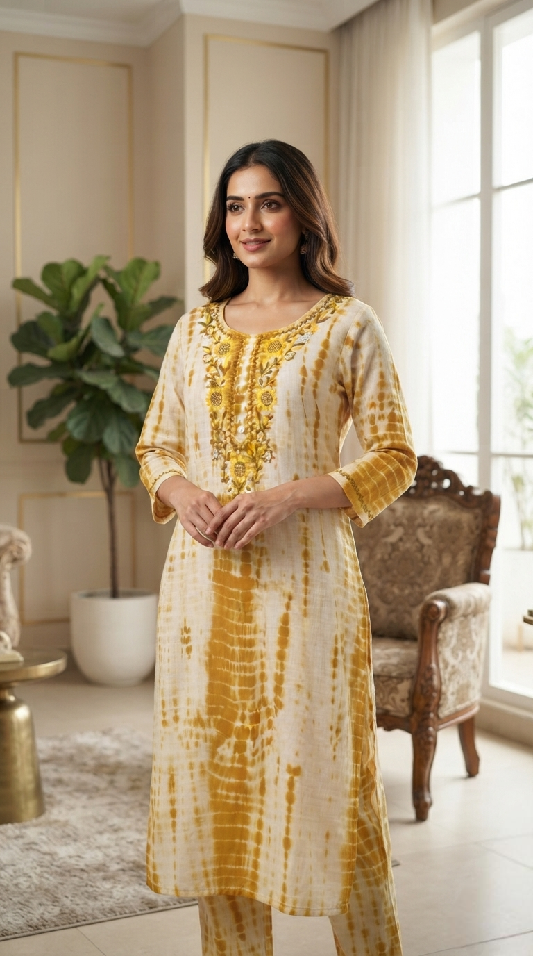 Women Yellow Embroidered Cotton Kurta Pant