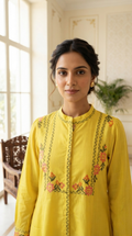 Women Yellow Printed Cotton Long Dress