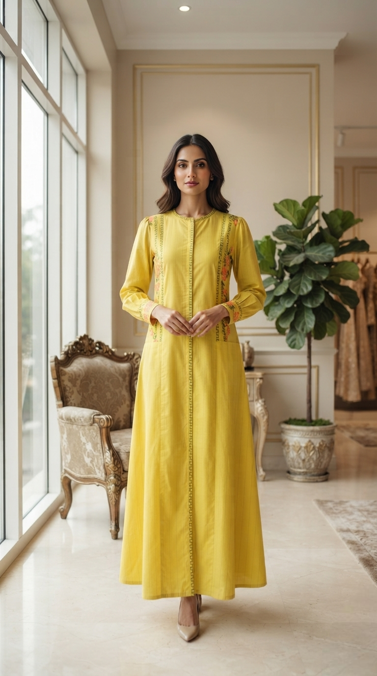 Women Yellow Printed Cotton Long Dress