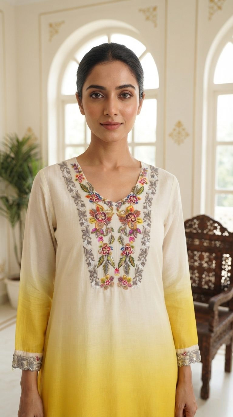 Women Cream Embroidered Cotton Kurta Pant Dupatta