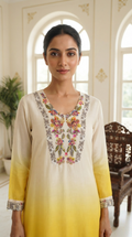 Women Cream Embroidered Cotton Kurta Pant Dupatta