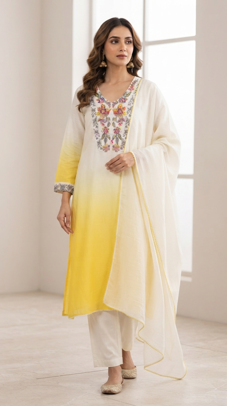 Women Cream Embroidered Cotton Kurta Pant Dupatta