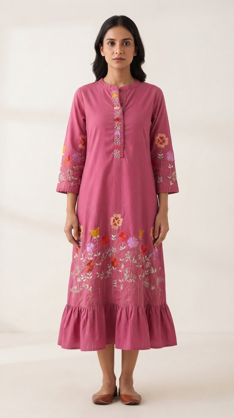 Women Pink Embroidered Cotton Dress