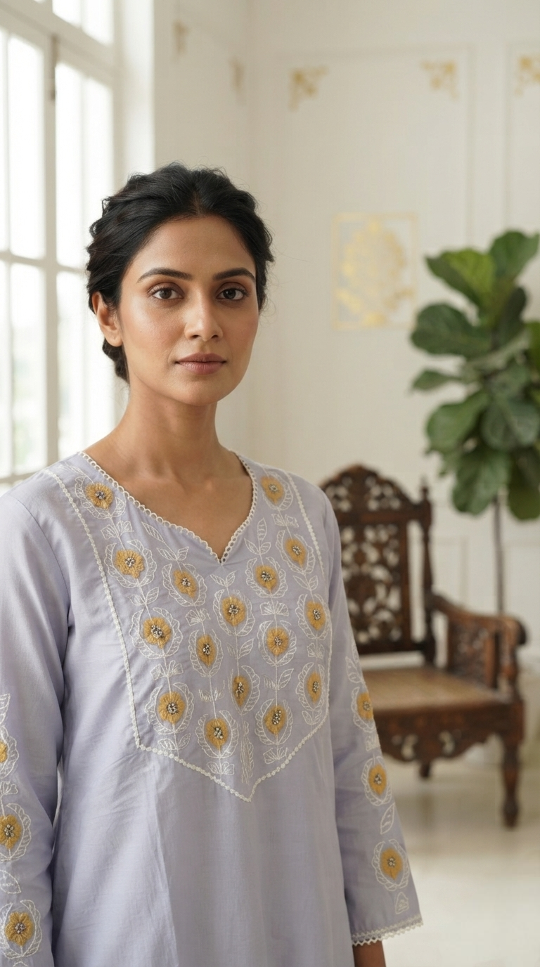 Women Lavender Embroidered Cotton Kurta Pant Dupatta