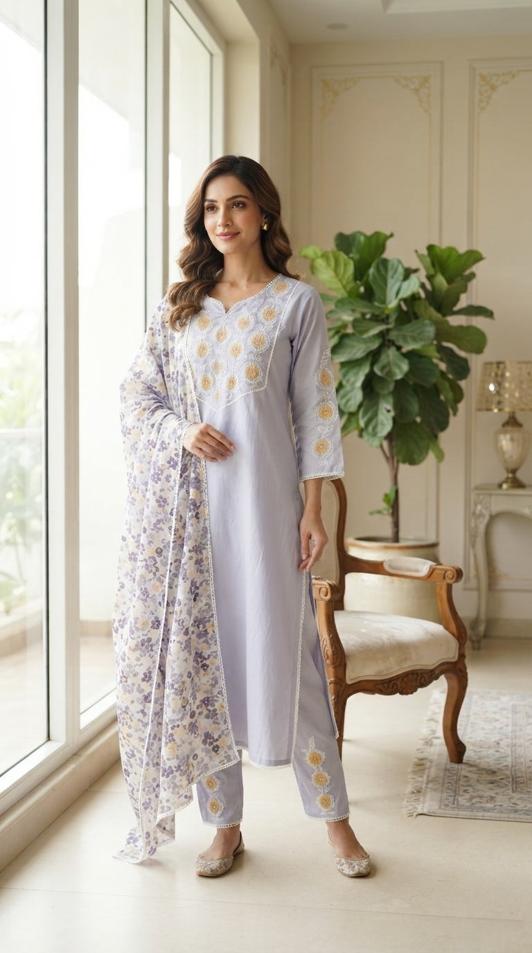 Women Lavender Embroidered Cotton Kurta Pant Dupatta