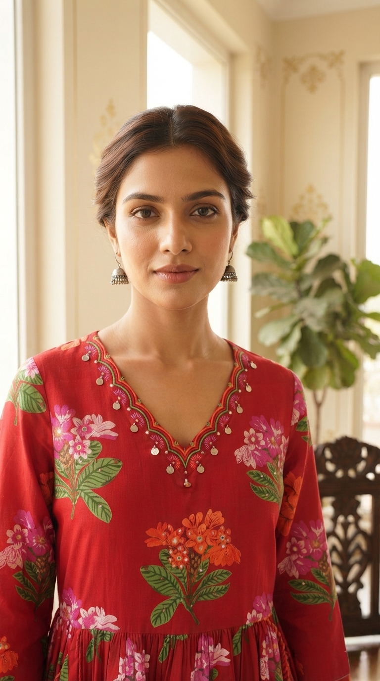 Women Red Printed Cotton Kurta Pant Dupatta