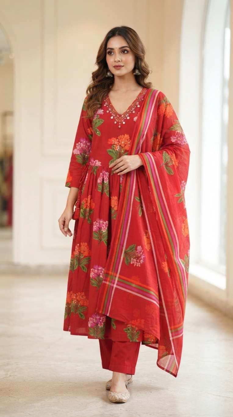 Women Red Printed Cotton Kurta Pant Dupatta