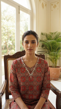 Women Maroon Kalamkari Cotton Kurta Pant Dupatta