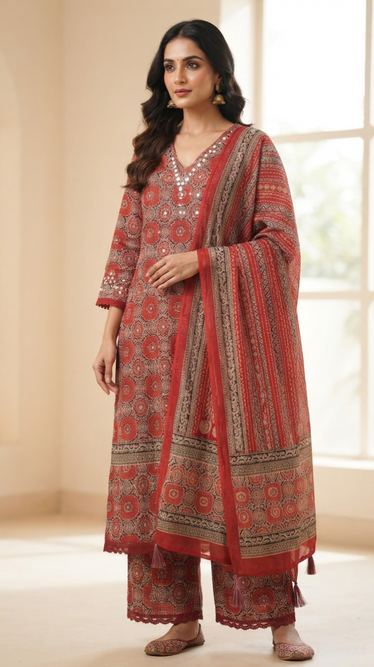 Women Maroon Kalamkari Cotton Kurta Pant Dupatta