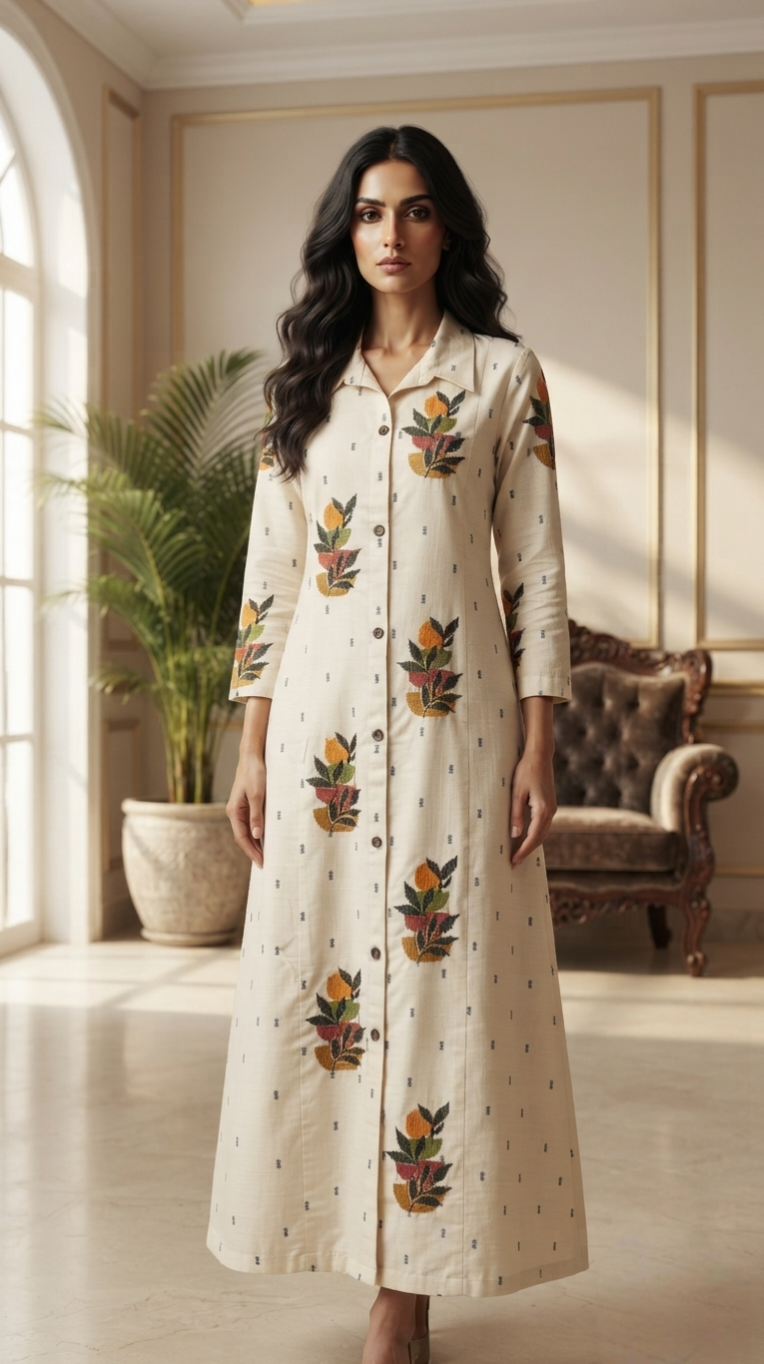 Women Cream Embroidered Cotton Dress