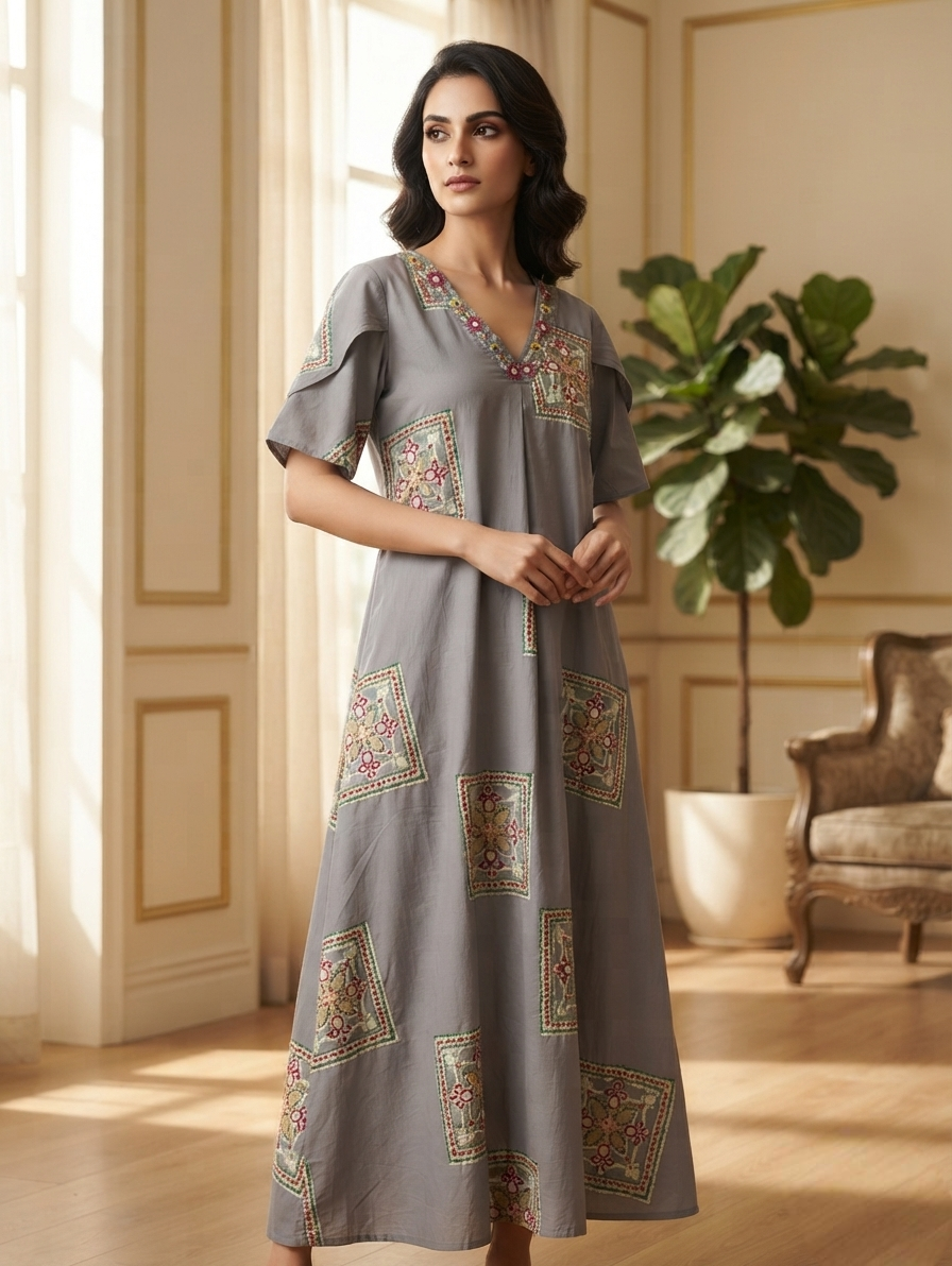 Women Grey Embroidered Cotton Long Dress
