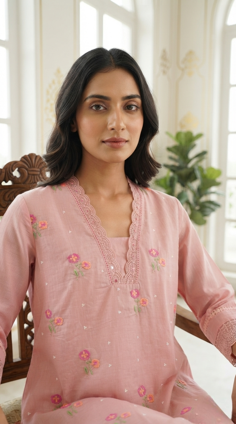 Women Pink Embroidered Cotton Kurta Pant Dupatta