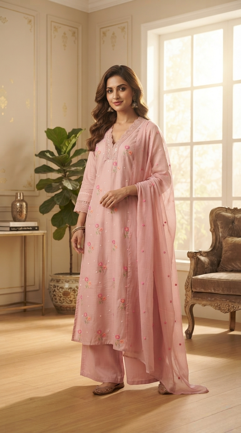 Women Pink Embroidered Cotton Kurta Pant Dupatta