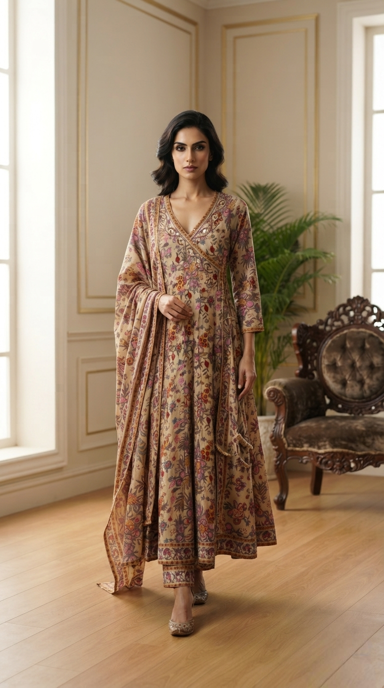 Women Beige Printed Cotton Kurta Pant Dupatta