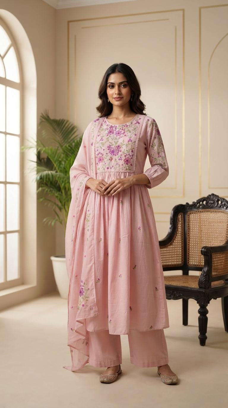 Women Pink Embroidered Cotton Kurta Pant Dupatta