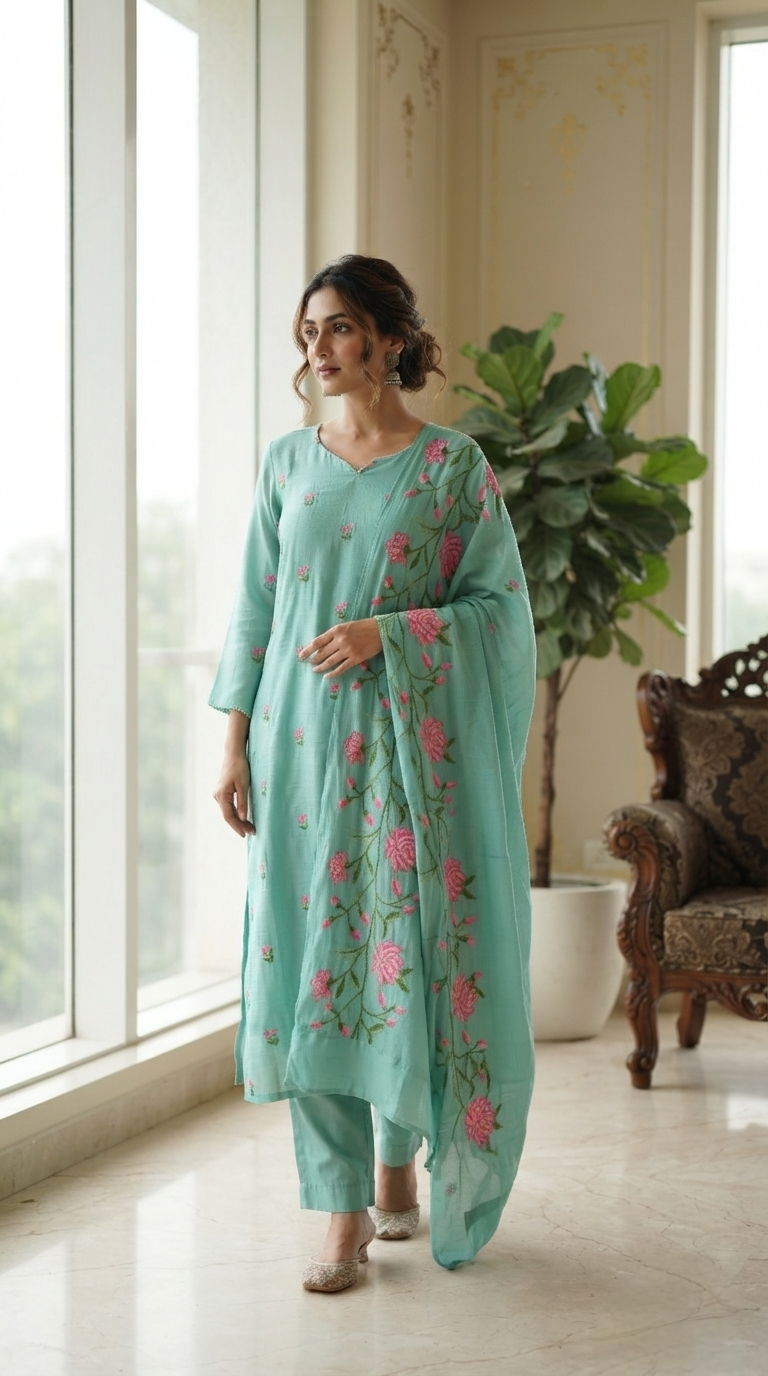 Women Blue Embroidered Cotton Kurta Pant Dupatta